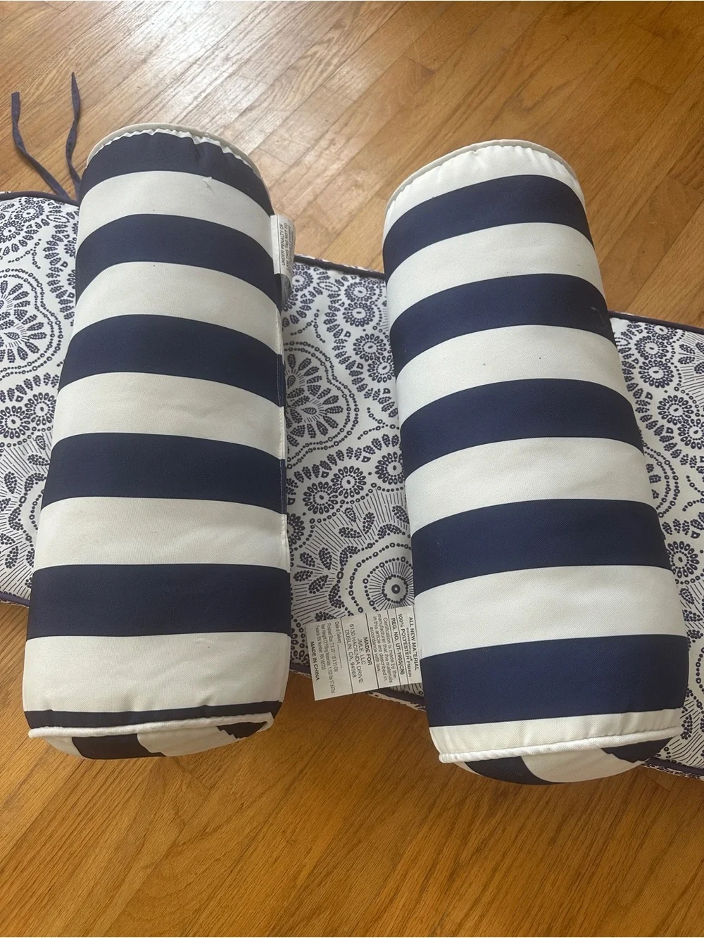 Martha Stewart Navy and White Striped Bolster and Patterned Bench Cushion Set